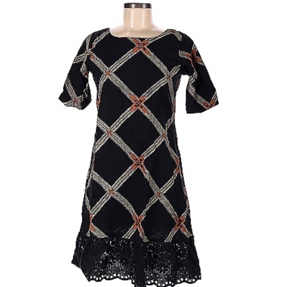 Bombay Paisley cotton linen lace hem short sleeved shift dress M